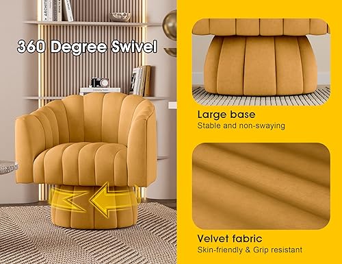 Dewhut Swivel Accent Chair, Barrel Accent Chair, Velvet, Mustard | Velvet Upholstered Round Arm Chair with 360° Swivel Base, Mid Century Modern Living Room Chair, Easy Setup - color: Mustard
