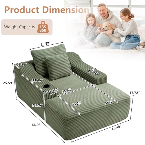 67" Oversized Chaise Lounge Indoor, Upholstered Deep Seat Cloud Couch Corduroy Lounge Chair, Modern Sofa Bed Loveseat Sleeper Chair for Living Room Bedroom Apartment, Green - color: Green, size: 67"