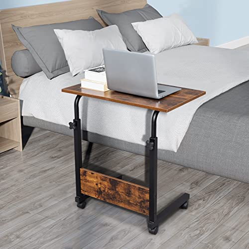 Sofa Side Table C Shaped End Table with Wheels, Rolling Bedside Laptop Table Snack Table TV Tray, Height Adjustable, Wooden Top & Metal Frame - color: Retro Brown, 23.6"