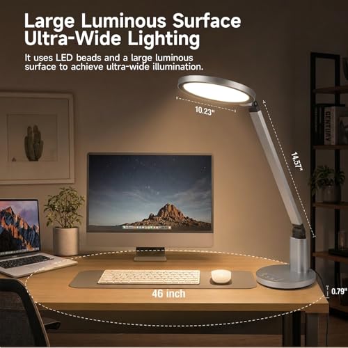 Desk Lamp for Home Office, Eye-Caring Diffused Table Lamp, 3 Colors & Dimmable Computer Lamp with Timer Function, Metal Swing Arm Reading Light