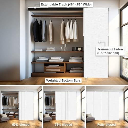 CHICOLOGY Panel Track Blinds, Weave White, 86"x96", Cordless, Sliding Door | 4 Fabric Panels, Fits 46–86″ Wide, Wall/Ceiling Mount, Room Divider Ready, Height Trimmable, Child & Pet Safe - color: Chalk White