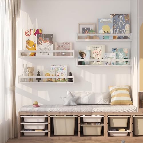 Onlysky Set of 4 Wall-Mounted Kid's Bookshelf - White Floating Nursery Book Shelves - Durable Wood Construction - Ideal for Nursery Decor, Kids Room, Toy Storage - color: White, size: 23 Inches