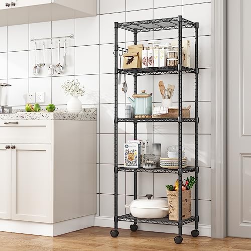 Homdox 5 Tier Wire Shelving Unit on Wheels, Adjustable Storage Racks and Shelving, Heavy Duty Rolling Metal Shelves with Side Hooks for Laundry Bathroom Kitchen Garage Pantry Organization, Black - color: Black, size: 23.23*13.78*72.05 inch