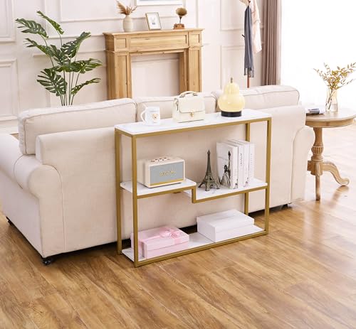 loglus Console Table for Entryway, Faux Marble MDF Sofa Table with Golden Frame, White Marble, 9.45" D x 38.18" W x 31.22" H - color: White Marble, style: Multilayer
