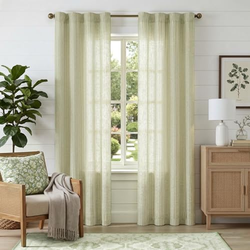 jinchan Linen Curtains 84 Inch Sage Green Stripe on Beige Back Tab 2 Panels | Curtains For Living Room Bedroom,Ticking Stripe, Farmhouse Cottage Core Rustic,Rod Pocket Window Treatment,Light Filtering - color: Sage Green on Beige, size: 38"W x 84"L (Pack