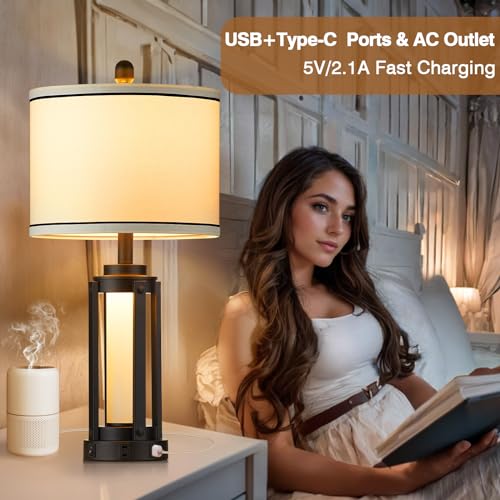 Industrial Table Lamps Set of 2, Modern Beside Lamp with USB A+C Charging Ports & AC Outlet, Rustic Nightstand Lamp with LED Night Light for Living Room Bedroom End Table Entryway Black Bulbs Included - color: Black-4