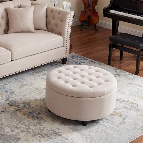 COLAMY Round Hidden Storage Ottoman with Reversible Tray Lid – Multi-Functional Footrest, Sturdy & Stylish Fabric Coffee Table for Living Room, Bedroom, or Entryway, Beige - color: Beige