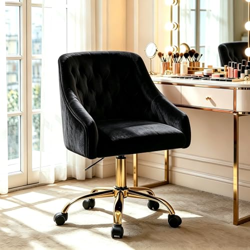 MOJAY Velvet Office Swivel Chair, Vanity Fabric Desk Pretty Fancy Gold Office Chairs for Girls, 360°Swivel Height Adjustable Reception Chair (Black) - color: Black