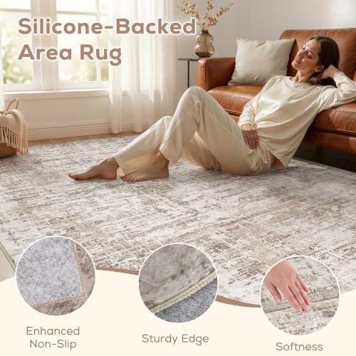 Nakagishi 6X9 Abstract Washable Area Rugs for Living Room-Brown-02 | Modern Non-Slip Silicone Backing Low Pile Soft Carpet for Bedroom Dining Decor Ideal for Families with Kids and Pets - color: Brown-02, size: 6' x 9' (Rectangular)