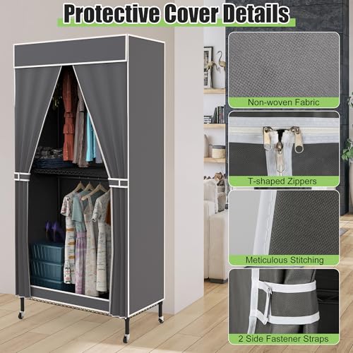 2 Tier Rolling Garment Racks with Cover, 35.43'' x 17.13'' x 72.44'' Portable Wardrobe Closet Covered Clothing Rack with Wheels Hooks for Bedroom Laundry Living Room - size: 35.43"D x 17.13"W x 72.44"H