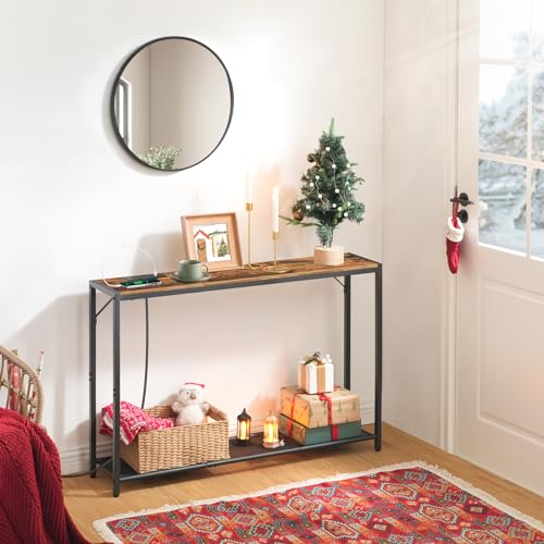 MAHANCRIS 43.7" Console Table with Outlet, Narrow Sofa Table with 2 Shelf | 2 Tier Behind Couch Table, Charging Station, Steel Frame, for Entryway, Living Room, Foyer, Hallway, Office, Rustic Brown - color: Rustic Brown