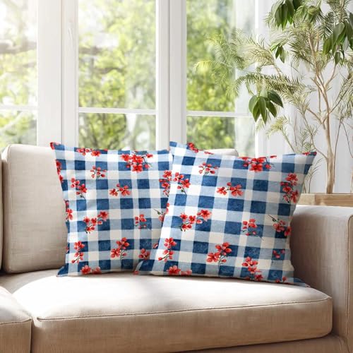Gingham Floral Throw Pillow Covers 18x18 Inches Set of 2 | Modern Farmhouse Country Cushion Cases | Check Cottage Pillowcases Decor for Living Room Couch Sofa | Spring Summer Home Accents - color: Gingham Floral