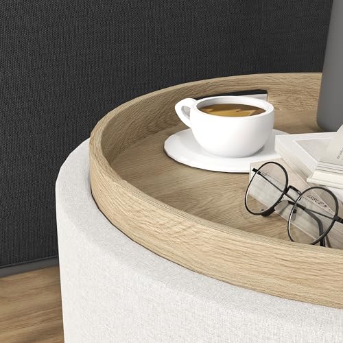HOMCOM Round Storage Ottoman with Flip Top Tray, Footstool, Cream White | Upholstered Fabric, Small Coffee Table, Hidden Compartment, Accent Vanity Stool, Living Room