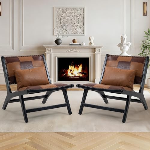 Accent Chair, Modern Comfy Genuine Leather Armless Accent Chairs | Mid-Century Anthropologie , Lounge Arm Chair with Solid Wood, Floral Pattern Sofa Chair for Living Room/Balcony/Bedroom - color: Leather-brown-1818