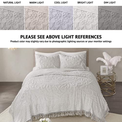 Madison Park Laetitia Lightweight 100% Cotton Quilt Set, Breathable Chenille Tufted, Shabby Chic Boho Medallion Design, Sham, Floral grey w/ Tassels, Full/Queen (90 in x 90 in) 3 Piece - color: Laetitia Grey Coverlet, size: King/California King