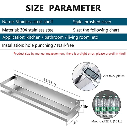 Rustproof Metal Storage Floating Shelves Wall Mounted Rectangular Shelf for Bedroom,Bathroom, Living Room, Kitchen, and Laundry Room,Nail-Free Wall-Mounted Shelves(15.75 Inch Silver) - color: Silver, size: 15.75in(40cm)