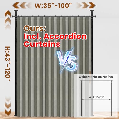 100% Blackout Room Divider Curtains Sets Grey W100 x L84 in 1 Panel No Drill Curtain Rods(H) 43-120×(W) 35-100 in for Bedroom Privacy Partition Separator - color: Grey, size: 100"W x 84"L (Pack of 1)
