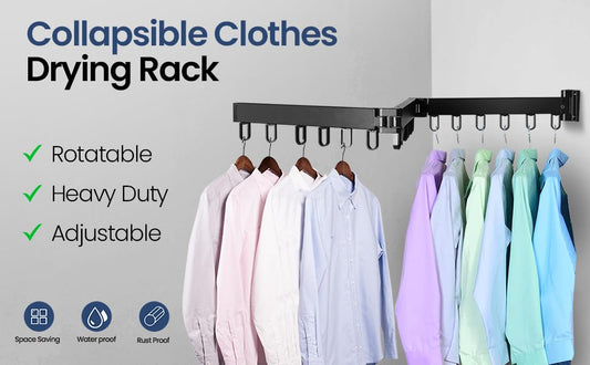 Foldable Wall Mounted Clothes Drying Rack – Heavy Duty Collapsible Laundry Rack with Hooks for Indoor/Outdoor Use, Perfect for Small Apartments and Space Saving Drying Needs