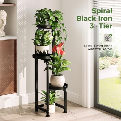 Bamworld Tall Plant Stand Indoor Outdoor Corner Metal Flower Pot Stands | 3 Tier Black Heavy Duty Plant Shelf for Patio Garden Balcony Living Room Bedroom(Patent Design) - color: Matte Black, style: Spiral 3Tier