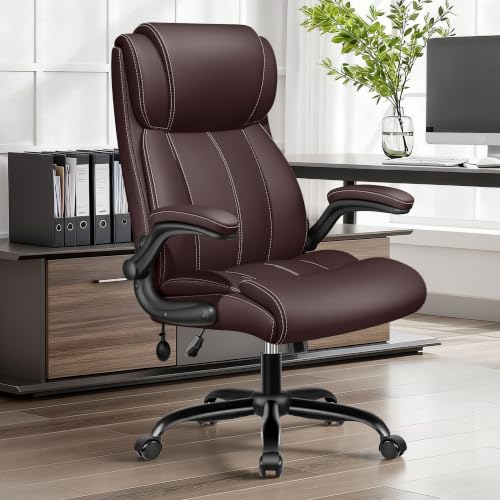 BESTFAIR Ergonomic Office Chair, Inflatable Lumbar Support High Back Coffee | Back & Neck Support for Fatigue Relief, Flip-Up Arms, 21" Wide Cushioned Seat, Scratch-Resistant PU Leather, Tilt & Rolling - color: Coffee, size: 1 Pack