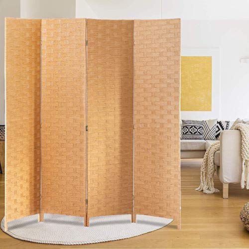 Meet Perfect 4-Panel Room Divider Privacy Screen,6 FT Wooden Woven Folding Screen,Foldable Mesh Wall Divider, Freestanding Room Partitions/Separator/Dividers Double-Weaved with Two-Way Hinges- Natural - color: Natural, size: 4 panels