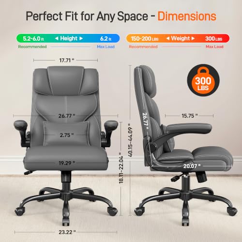 Office Chair, Executive Mid-Back Computer Desk Chair with Flip-up Armrests | 300 Lbs Ergonomic Leather Swivel PC Chair with Rock Function for Working Studying (Gray) - color: Grey