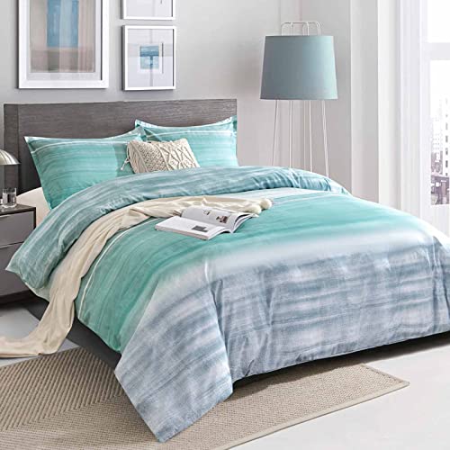 Nanko Queen Duvet Cover Set, Grey and Blue Teal Striped Print Pattern Microfiber Comforter Quilt Bedding Cover with Zip Ties - Modern Farmhouse Styly for Men and Women Teen, 3 Pcs Size 90 x 90 in Gray - color: Grey Blue Teal Green Striped, size: Queen