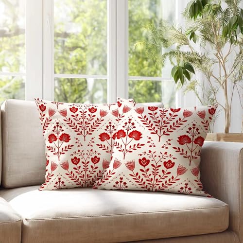 Nordic Folk Floral Throw Pillow Covers 18x18 Set of 2 | Red Scandinavian Botanical Pattern Cushion Cases | Modern Decorative Pillowcases for Sofa Living Room | Minimal Farmhouse Home Decor - color: Red Scandinavian
