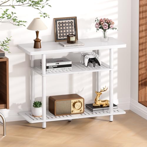 Bamboo TV Stand, Small TV Stands for up to 32 Inch, 3-Tier Console Table with Storage, Sturdy Entertainment Center TV Shelf, Entryway Table for Bedroom Small Space, White - color: White