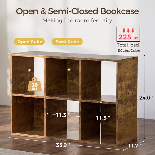 COMHOMA 6 Wood Cube Storage Organizer with Open Back and Removable Back Panels, 11In Brown Cube Storage Bookshelf, Cubicle Shelf Bookcase for Home Office Bedroom Living Room, Vertical or Horizontal - color: 6 Cube-retro Brown
