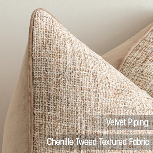 a moment Khaki Reversible Pillow Covers 2 Pack - Farmhouse Chenille Velvet Throw Pillows, Neutral Textured Decorative Throw Pillow Covers with Border for Couch Sofa Bed (22x22 Inch, No Insert) - color: Khaki, size: 22" x 22" (Pack of 2)