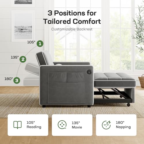 Marsail 3-in-1 Convertible Futon Sleeper Sofa Bed, Pull Out Couch with Adjustable Backrest, USB Charging & Side Pockets, Velvet Fabric Sofa for Living Room, Apartment, Loveseat, Grey - color: Grey