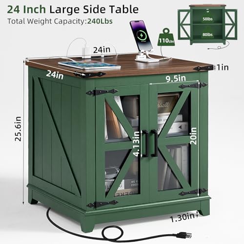 Joaxswe Farmhouse End Table for Living Room, Charger Station | USB Ports, Glass Barn Door, Solid Wood Legs, 24" Large Sofa Side Table, Adjustable Shelf, Green Square Table for Bedroom - color: Olive Green, size: Set 1
