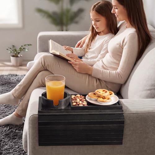Bamboo Sofa Armrest Tray, Foldable Couch Arm Tray Side Table, 2 in 1 Anti-Falling Armrest Tables Cup Holder for Snacks, Drinks, Beers, Phone, Control, Flexible and Portable, Anti-Slip, (Black) - color: Black