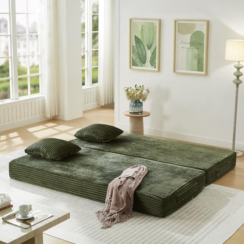 Antetek Modular Couch Bed, Convertible Folding Plush Corduroy Comfy Floor Compression Loveseat Sleeper Sofa Couch, King Size Bed for Guest Room Living Room Bedroom, No Assembly Required, Green