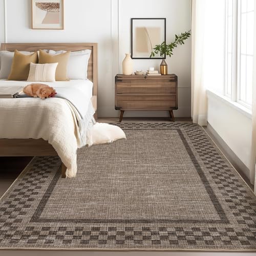 GarveeHome 4x6 Rug Small Washable Living Room Rug Modern Bordered Area Rugs | with Rubber Backing Soft Non Slip Low Pile Dining Room Throw Carpet Checkered Geometric Mats for Bedroom Kitchen, Brown - color: Brown, size: 4' x 6' (Rectangular)