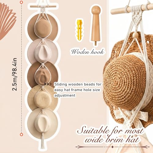 Macrame Hat Hangers Racks Boho Cowboy Hats Holders Western Display Organizer Storage decor Back of Door for Wall(White,Five Hats Style) - color: White, style: Five Hats Style