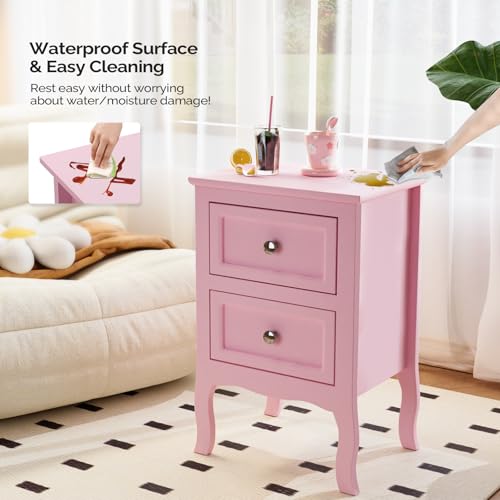 Bonnlo Nightstand Set of 2, Nightstands with 2 Drawers, Bed Side Table/Night Stand, Pink Nightstand, Small Nightstand for Bedroom, College Dorm, Kids’ Room, Living Room, Wood, 16W x 12D x 24H - color: Pink