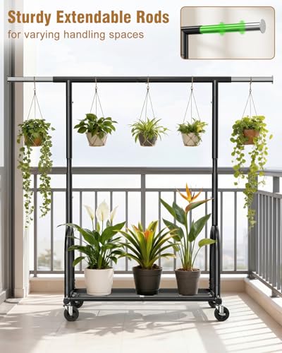 Heavy Duty Clothes Rack for Hanging Clothes Load 424 LBS, Height Adjustable Rolling Clothing Racks, Portable Metal Coat Rack Garment Wardrobe with Wheels and Shelves for Bedroom Laundry, Black - color: Black, style: 1 Shelf