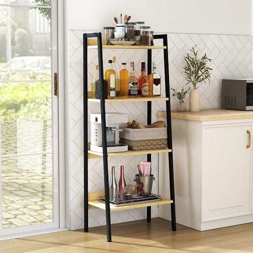 4 Tier Ladder Shelf,22” Wide Tower Storage Shelf, Natural Oak | Skandiquip 13.5” Narrow Ladder Shelf, Steel Frame Anti-Tip Tall Storage Tower for Books & Plants, Kitchen Living Room Office - color: Natural Oak, size: 4 Tier