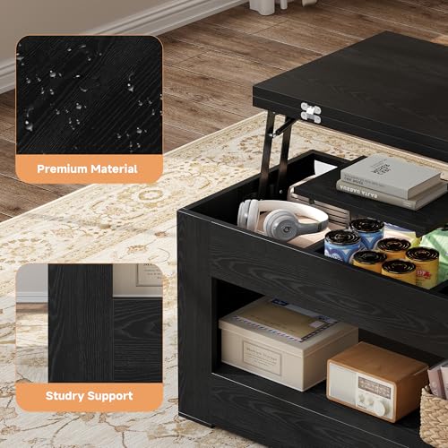 UNIQUITE 40" Lift Top Coffee Table, 4 in 1 Multi-Function Lift Coffee Tables with Storage and Hidden Compartment, Convertible Wood Coffee Tables to Dining Table for Living Room, Black - color: Black