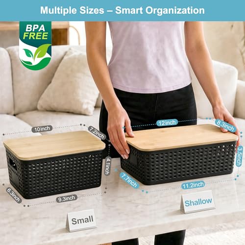 4 Pack Plastic Storage Bins with Bamboo Lids, 6.2qt Stackable Storage Organizer Box with Lable for Pantry Shelves Drawers Desktop Office, 12"L x 8.3"W x 3.5"H, Black - color: Black, size: Shallow- 4 Pack