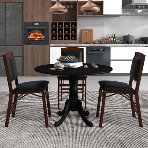 COSTWAY Round Dining Table for 4, 39 inch Kitchen Table with Solid Rubber Wood Frame, Adjustable Foot Pads, Curved Trestle Legs, Mid Century Rustic Dinning Table for Living Room, Black | Adjustable Foot Pads, Curved Trestle Legs, Mid Century Rustic Dinnin