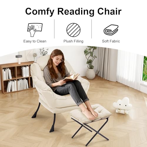 Lazy Chair with Ottoman, Modern Accent Lounge Chair with Side Pocket and Armrests, Cozy Reading Armchair with Footrest, Upholstered Sofa Chair for Small Spaces, Bedroom Living Room, Beige - color: Beige