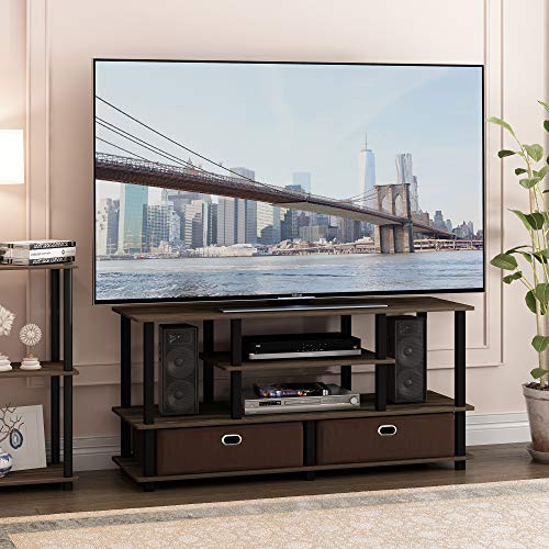 Furinno JAYA Large Stand for up to 50-Inch TV, Columbia Walnut/Black/Dark Brown | Entertainment Center with Open Shelf, TV Console for TV up to 55 Inch with 2 Storage Bins, for Living Room, Bedroom - color: Columbia Walnut/Black/Dark Brown, size: For 55"