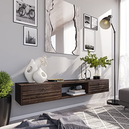 BELLEZE Modern Floating Wall Mounted 63 Inch TV Console with Built-in Shelf & Compartments, Space Saving Decorative Contemporary Media Storage, for Up to 100lbs - Langston (Espresso) - color: Espresso, style: Langston