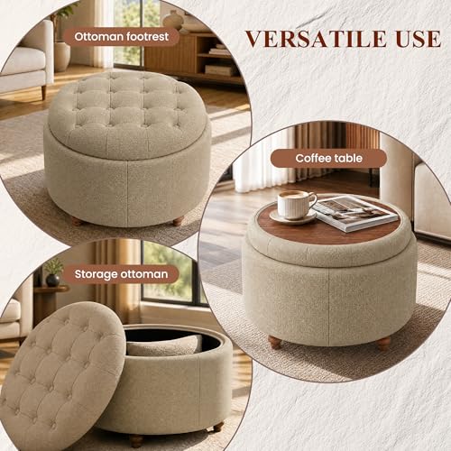 25" Round Ottoman with Storage, Small Coffee Table with Reversible Tray Lid | Tufted Fabric Round Storage Ottoman with Solid Wood Legs, 3-in-1 Footrest for Living Room, Bedroom, Entryway, Coffee - color: Coffee