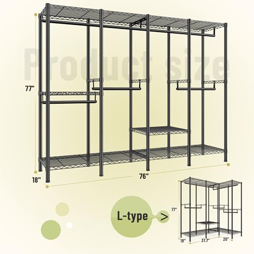 Raybee Heavy Duty Clothes Rack, 1150lbs Capacity, Adjustable | 76" W Freestanding, Steel Structure, 4 Rods & 6 Shelves, Tool-Free Assembly, Sturdy for Closet, Bedroom, Black - color: Black, style: Heavy Duty Clothes Rack