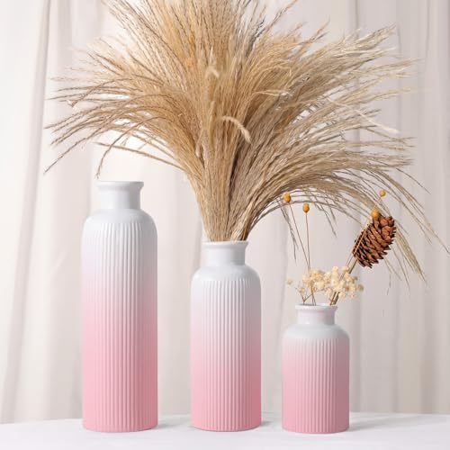Small Gradient Pink Ceramic Vase Set of 3, Boho Modern Flower Vase Room Decor, Farmhouse Decor, Vases for Your Kitchen, Bathroom, Bedroom, Living Room, Office&Shelf Centerpiece Table Decorations - color: Gradient Pink
