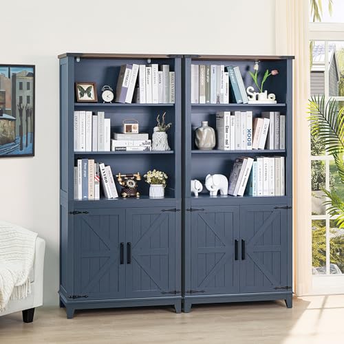 Joaxswe 5 Tier Bookshelf 70in Tall Bookcase with Barn Doors and Storage Cabinet, Blue Farmhouse Book Shelf with Adjustable Shelves, Wood Freestanding Display Bookshelves for Bedroom, Kitchen (3PCS) - color: Blue, size: 3 Piece